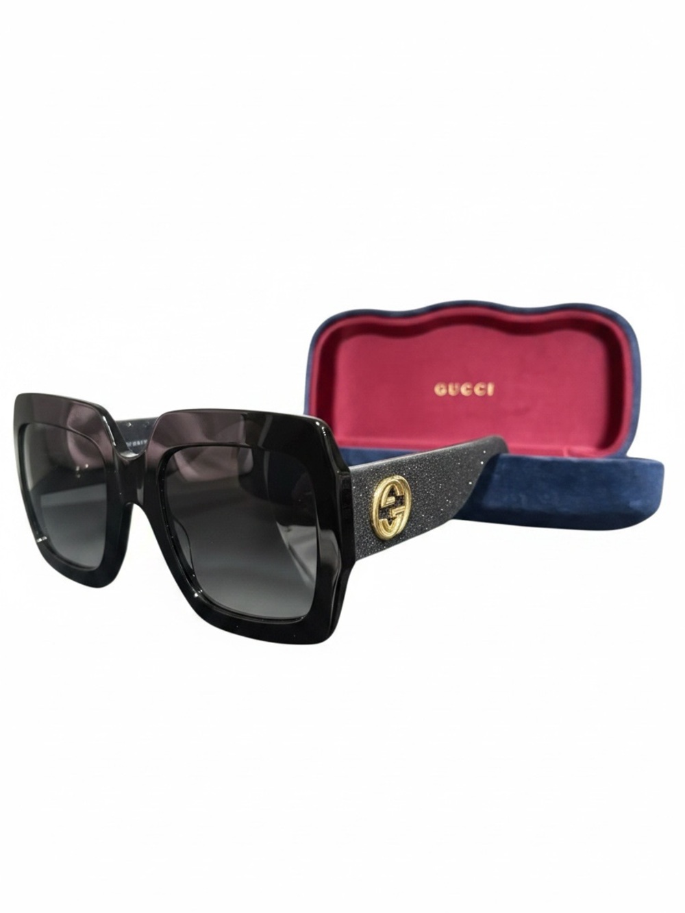 Gucci GG0102S 001 Oversized Square Black Glitter Sunglasses w/ Case & COA
